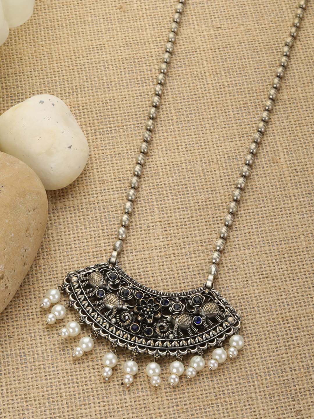 Priyaasi Oxidised Silver-Plated Beaded Brass Necklace Price in India