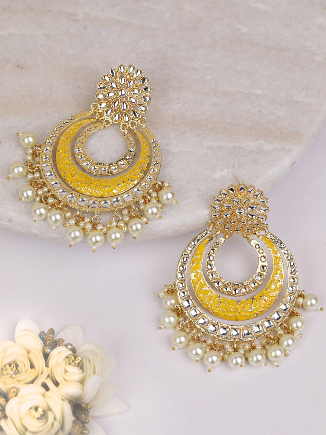 Priyaasi Gold-Toned Kundan Contemporary Chandbalis Earrings Price in India