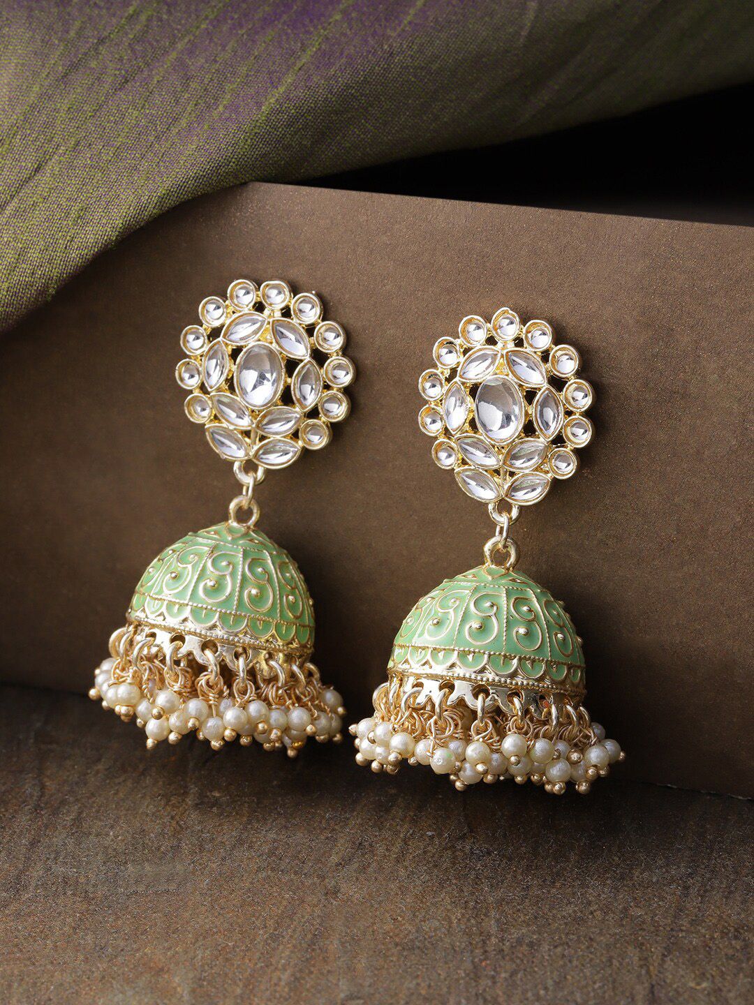 Priyaasi Green Gold-Plated Floral Jhumkas Earrings Price in India