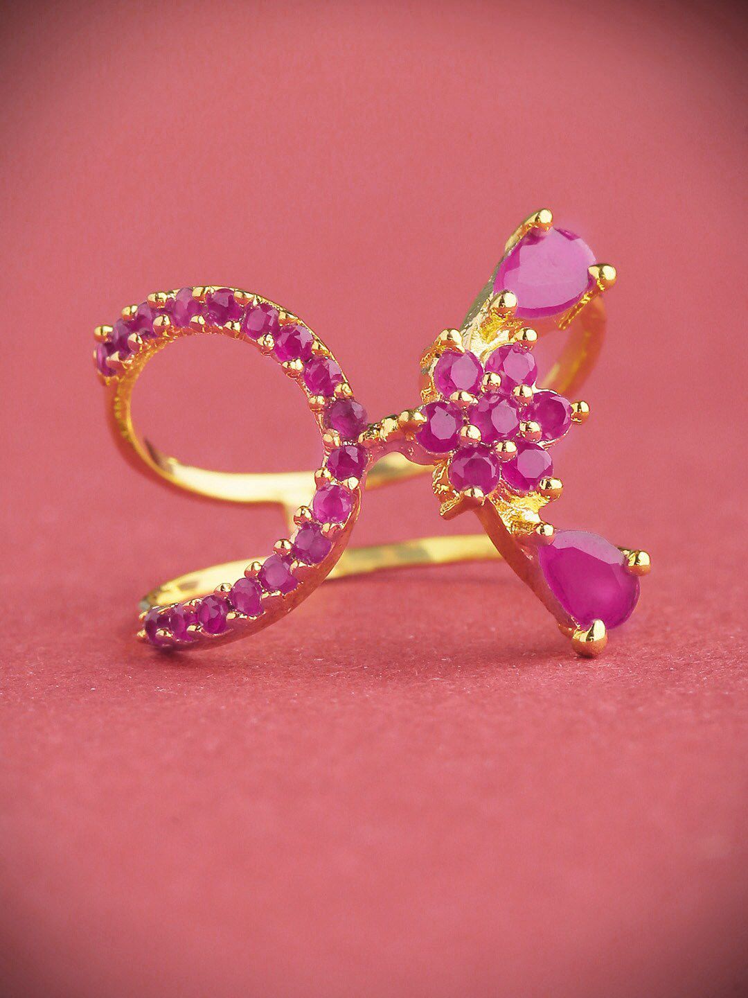 Priyaasi Gold-Plated Magenta Ruby Stone-Studded Finger Ring Price in India