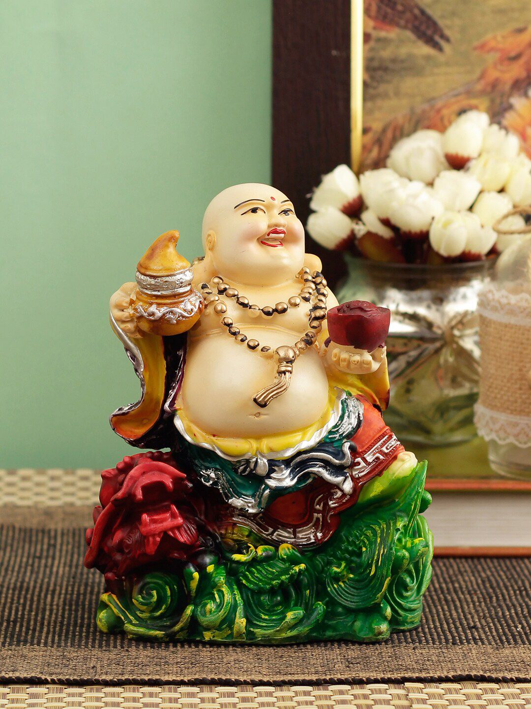 TIED RIBBONS Beige & Green Decorative Laughing Buddha Idol Statue Showpiece Price in India
