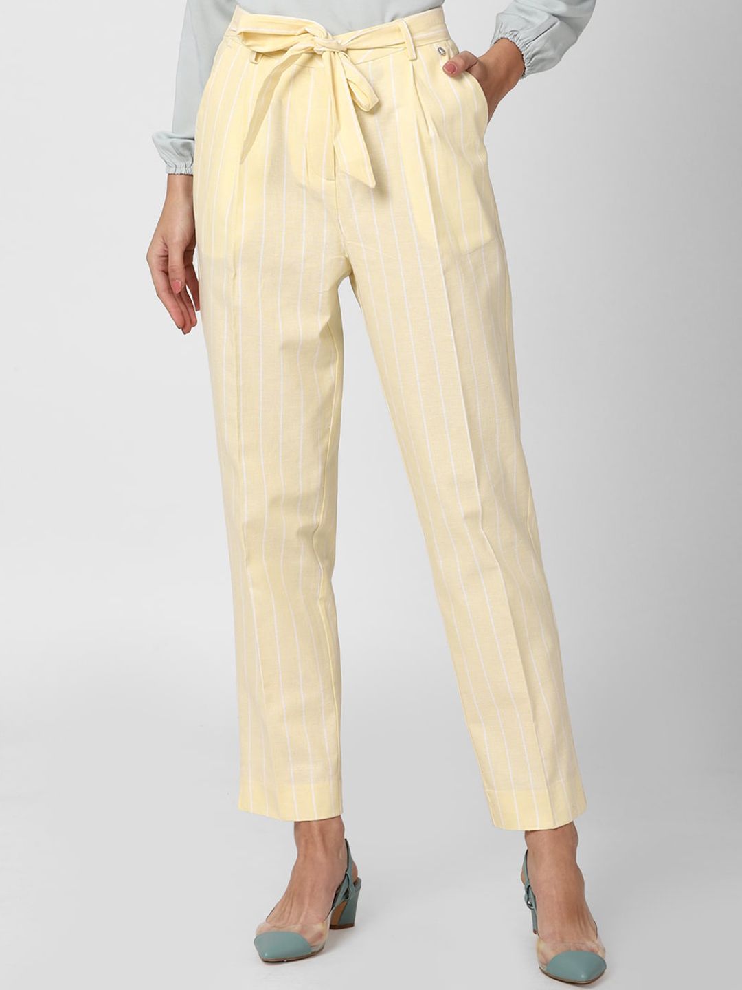 Van Heusen Woman Women Yellow Striped Pleated Trousers Price in India