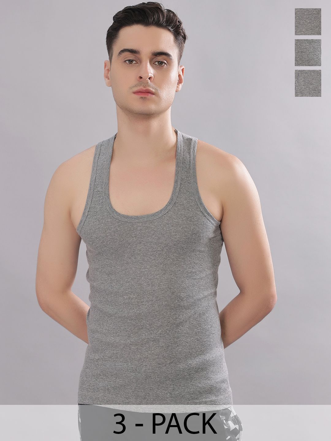 Dollar Bigboss Men Solid Pack of 3 Grey Cotton Stretch Rib Regular Fit Casual Vest