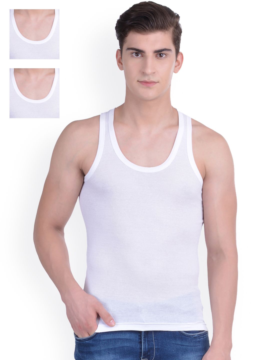 Dollar Bigboss Men Solid Pack of 3 White Cotton Stretch Rib Regular Fit Casual Vest