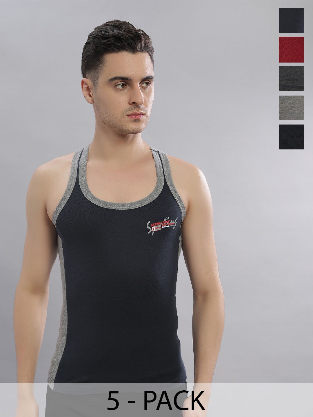 Dollar Bigboss Men Solid Pack of 5 Cotton Racerback Styled Gym Vest