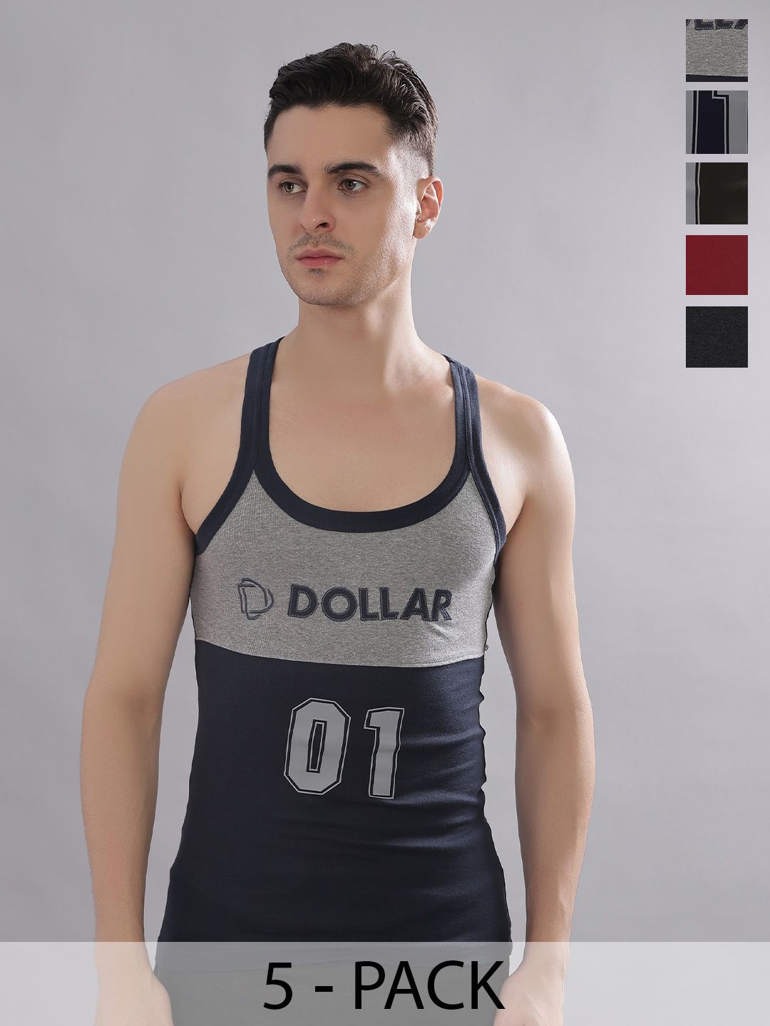 Dollar Bigboss Men Solid Pack of 5 Cotton Racerback Styled Gym Vest