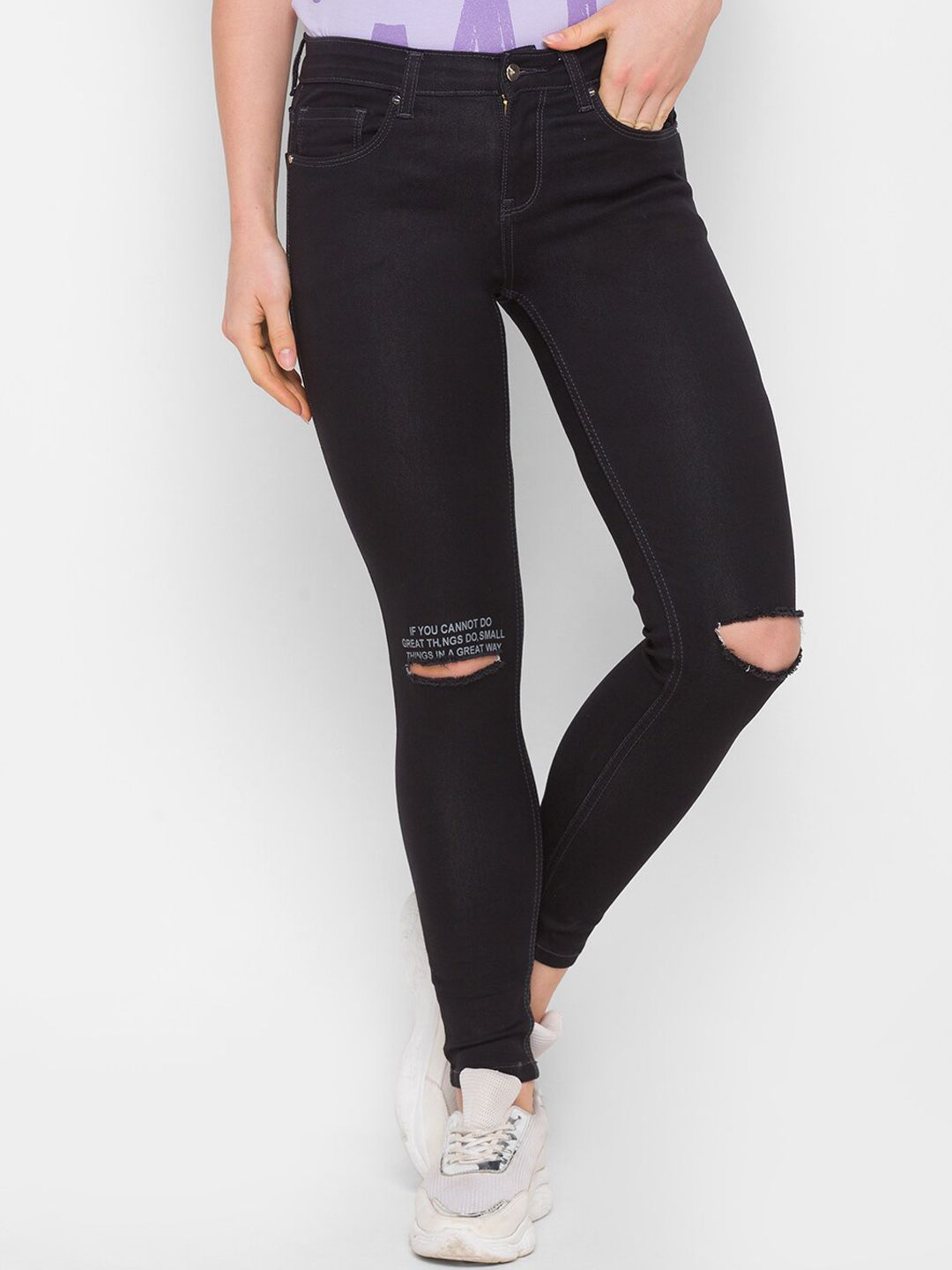 Globus Women Black Smart Slash Knee Cotton Stretchable Jeans Price in India