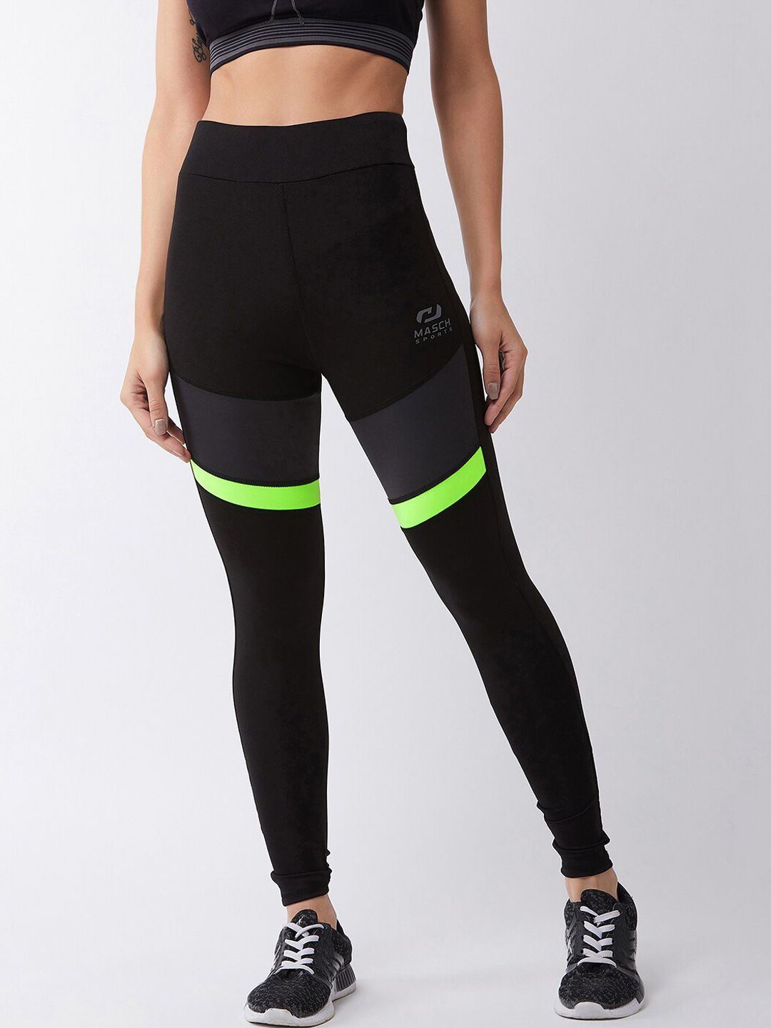 Masch Sports Women Black & Green Dri-Fit  Training Tights Price in India