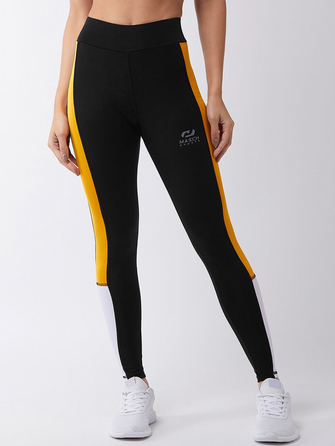 Masch Sports Women Black & Yellow Side Striped Dry Fit Sports Tights Price in India