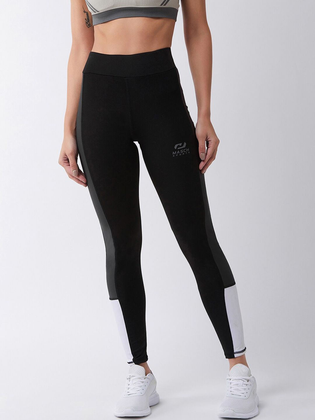 Masch Sports Women Black Colourblocked Dry Fit Slim-Fit Running Tights Price in India