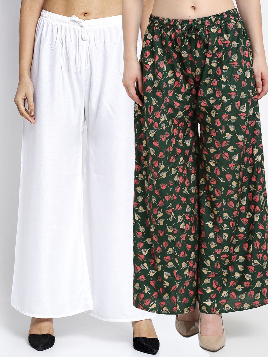 GRACIT Set Of 2 White & Green Printed Flared Palazzos Price in India