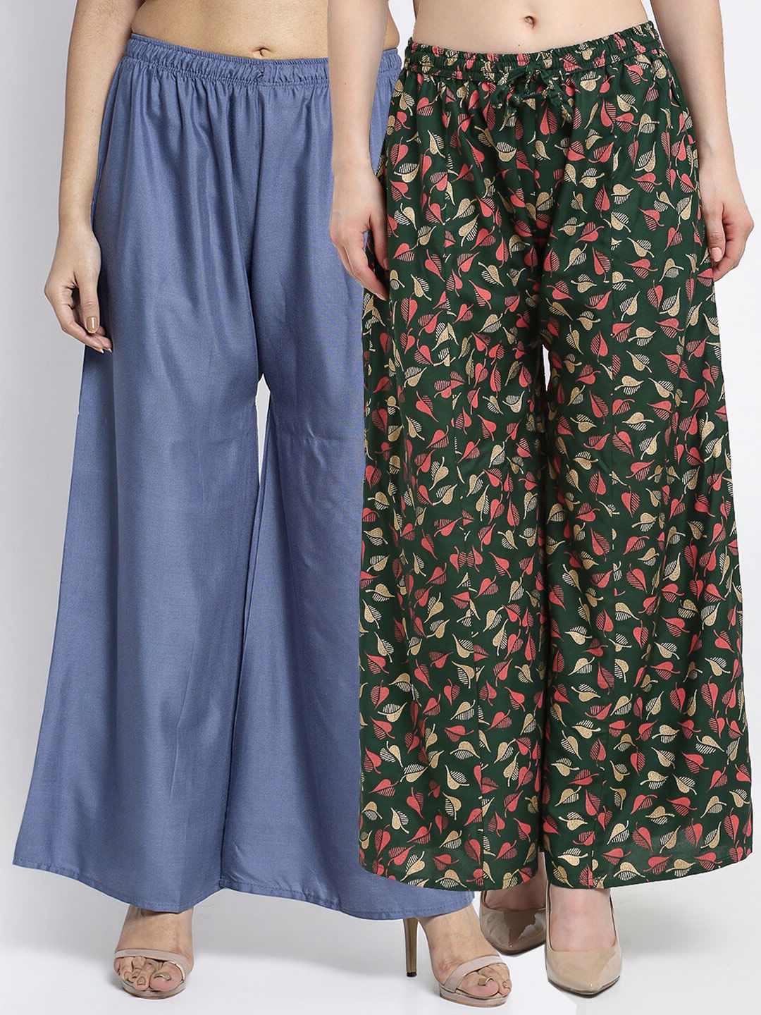 GRACIT Women Grey & Green Pack Of 2 Abstract Printed & Solid Flared Fit Palazzos Price in India