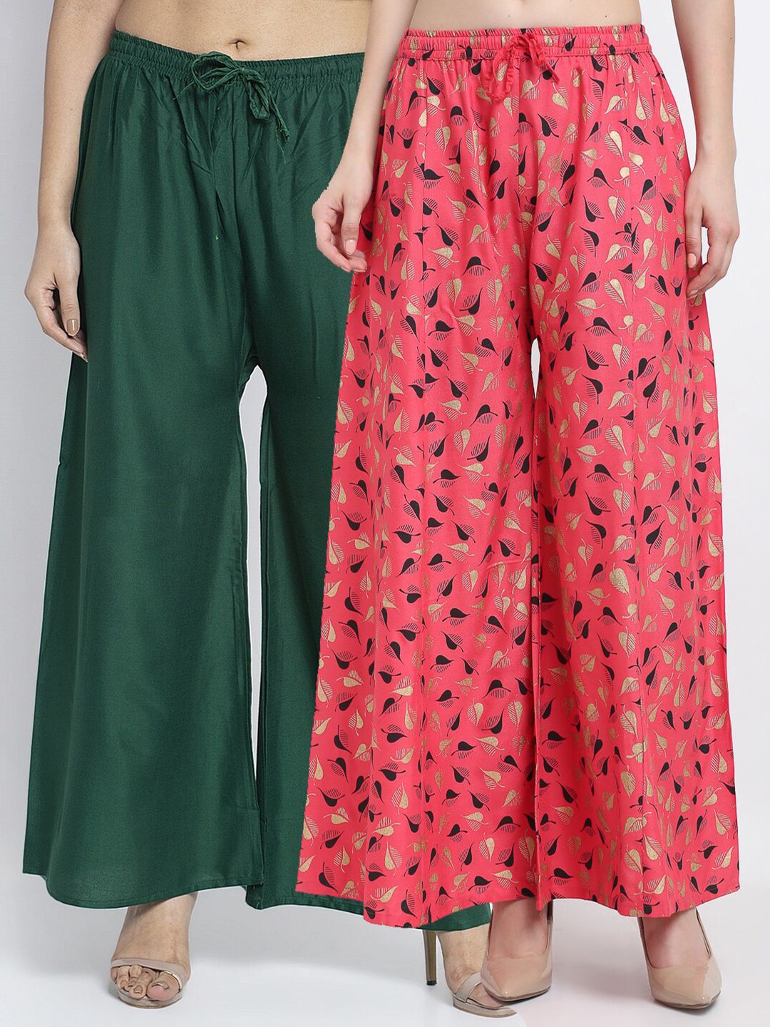 GRACIT Women Pack Of 2 Green & Pink Printed Flared Knitted Ethnic Palazzos Price in India