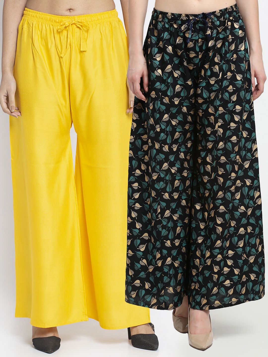 GRACIT Women Pack of 2 Yellow & Black Floral Printed Flared Knitted Ethnic Palazzos Price in India