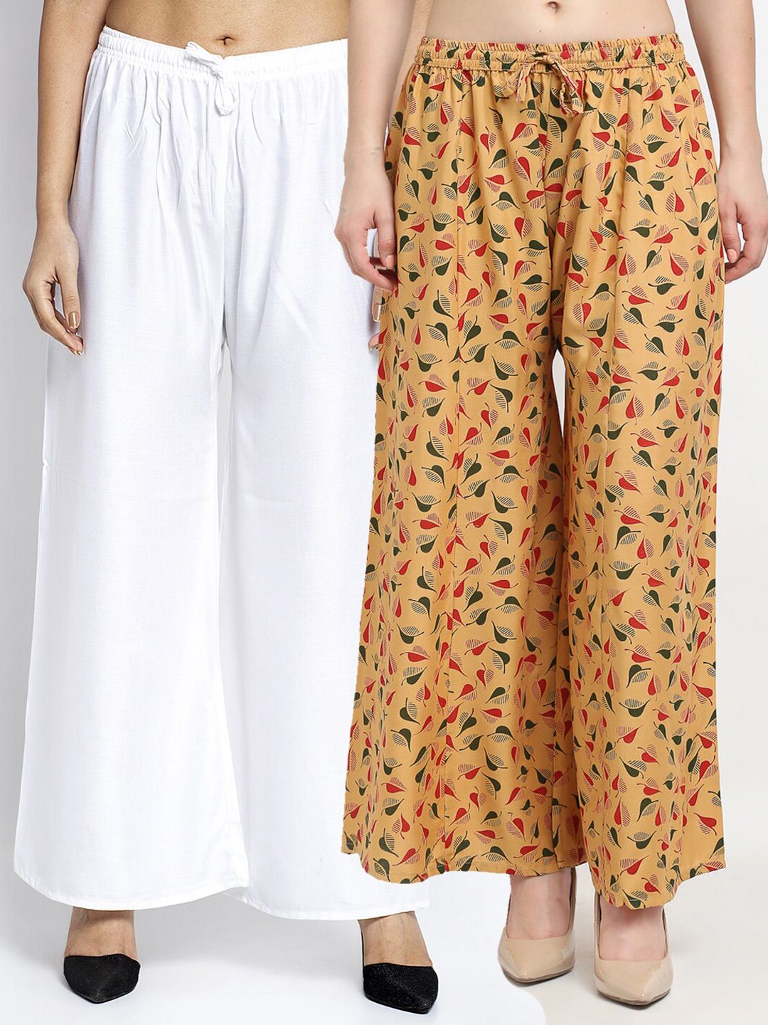 GRACIT Women Pack of 2 White & Beige Printed Flared Knitted Ethnic Palazzos Price in India