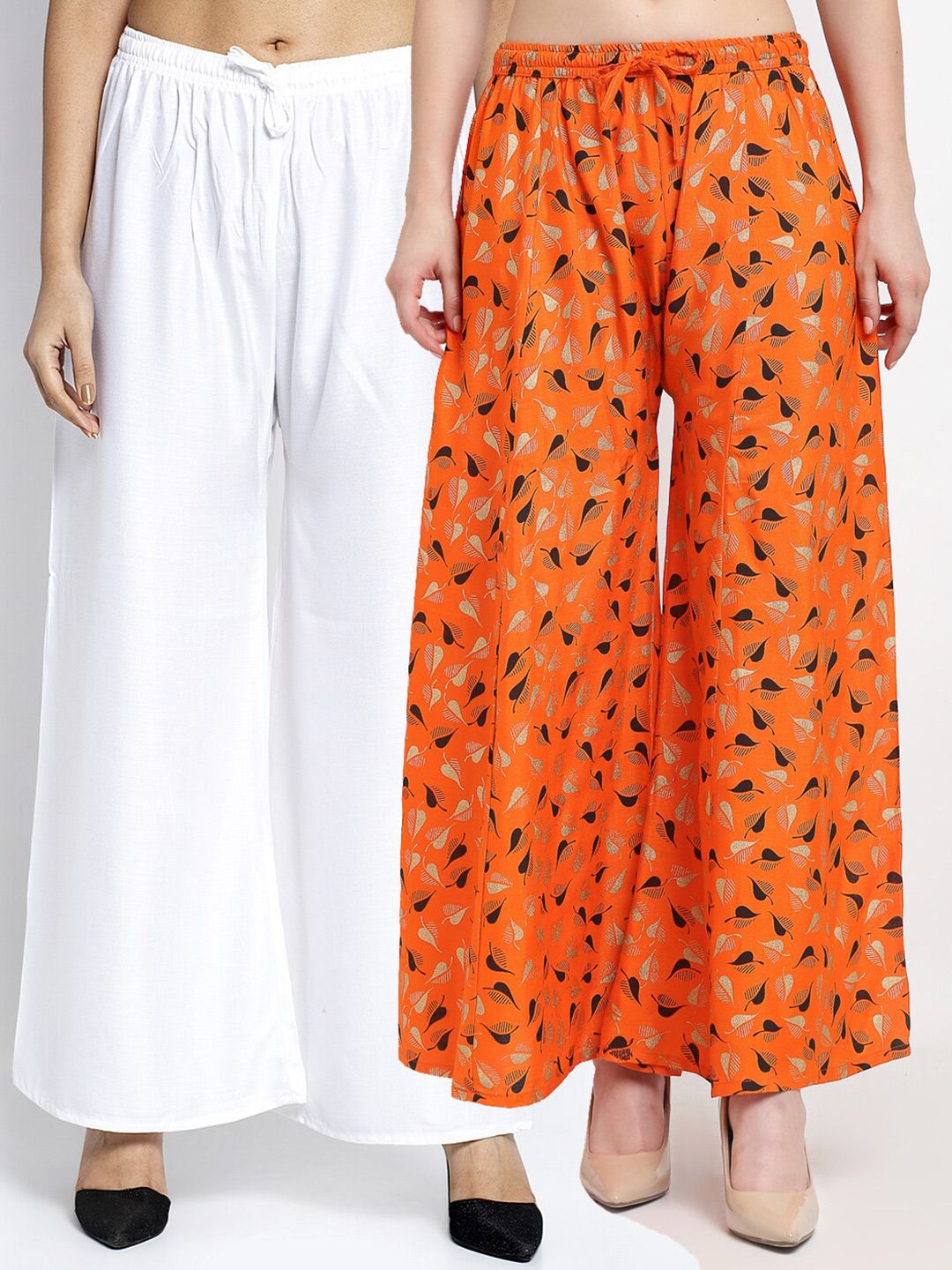 GRACIT Women Set of 2 White & Orange Printed Palazzos Price in India