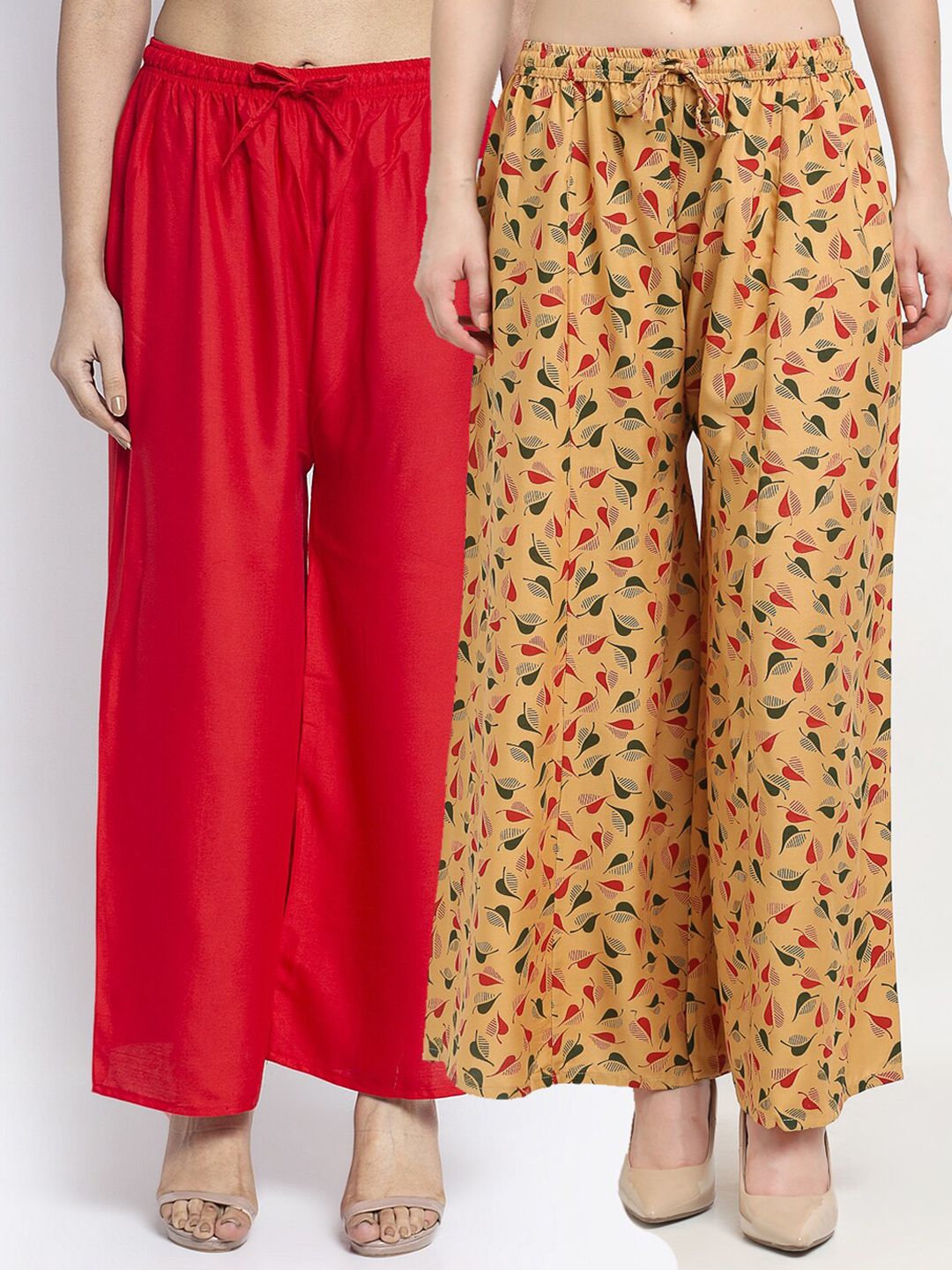 GRACIT Women Pack of 2 Red & Beige Floral Printed Flared Knitted Ethnic Palazzos Price in India