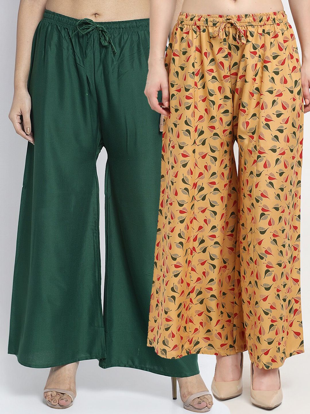 GRACIT Women Green & Beige Pack of 2 Floral Printed Flared Palazzos Price in India