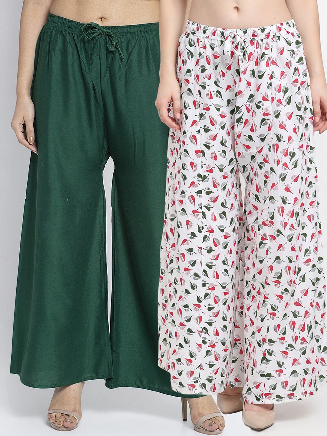 GRACIT Women Pack Of 2 Green & White  Printed Flared Knitted Ethnic Palazzos Price in India