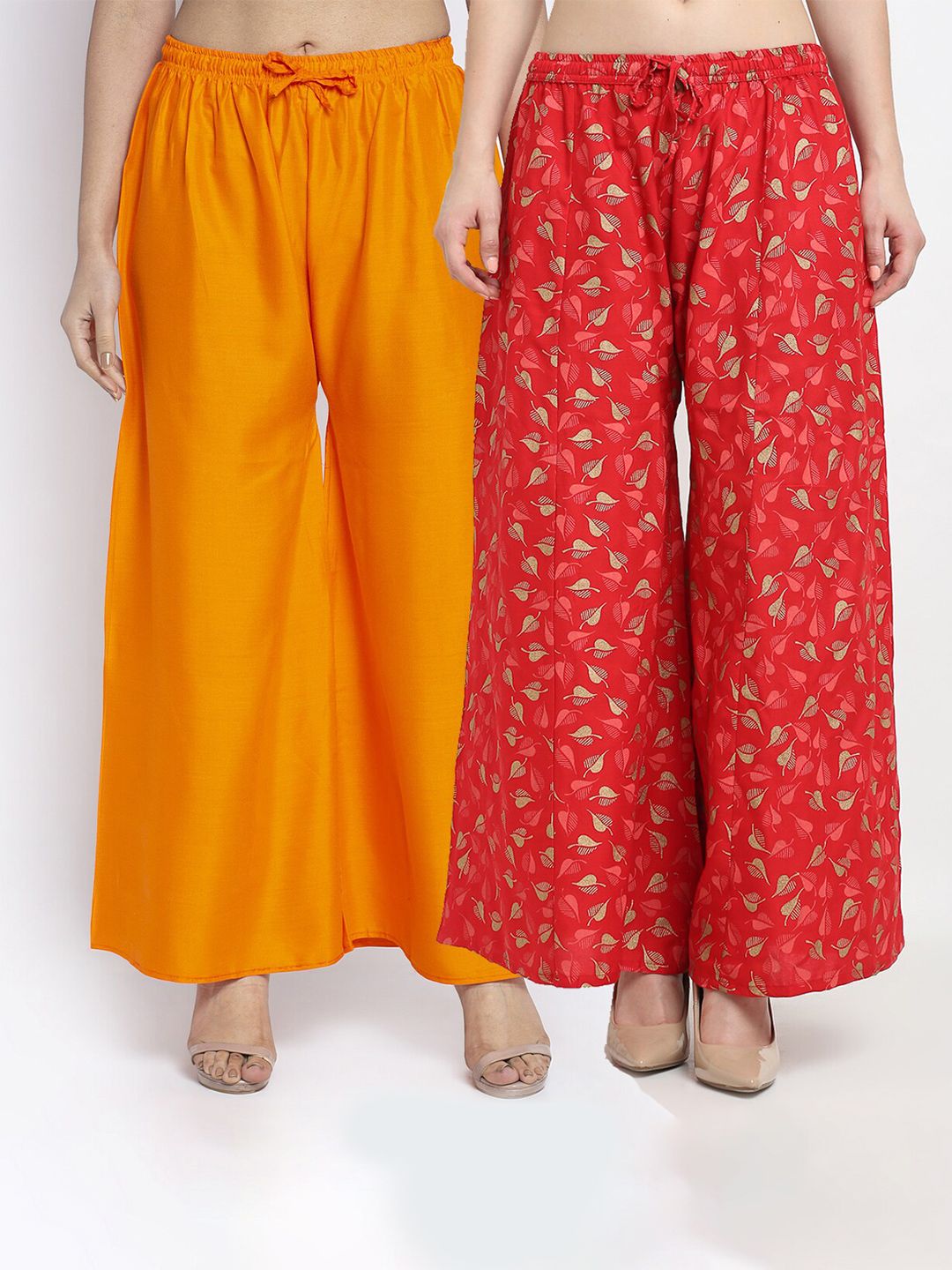 GRACIT Women Pack Of 2 Orange & Red Floral Printed Flared Knitted Ethnic Palazzos Price in India