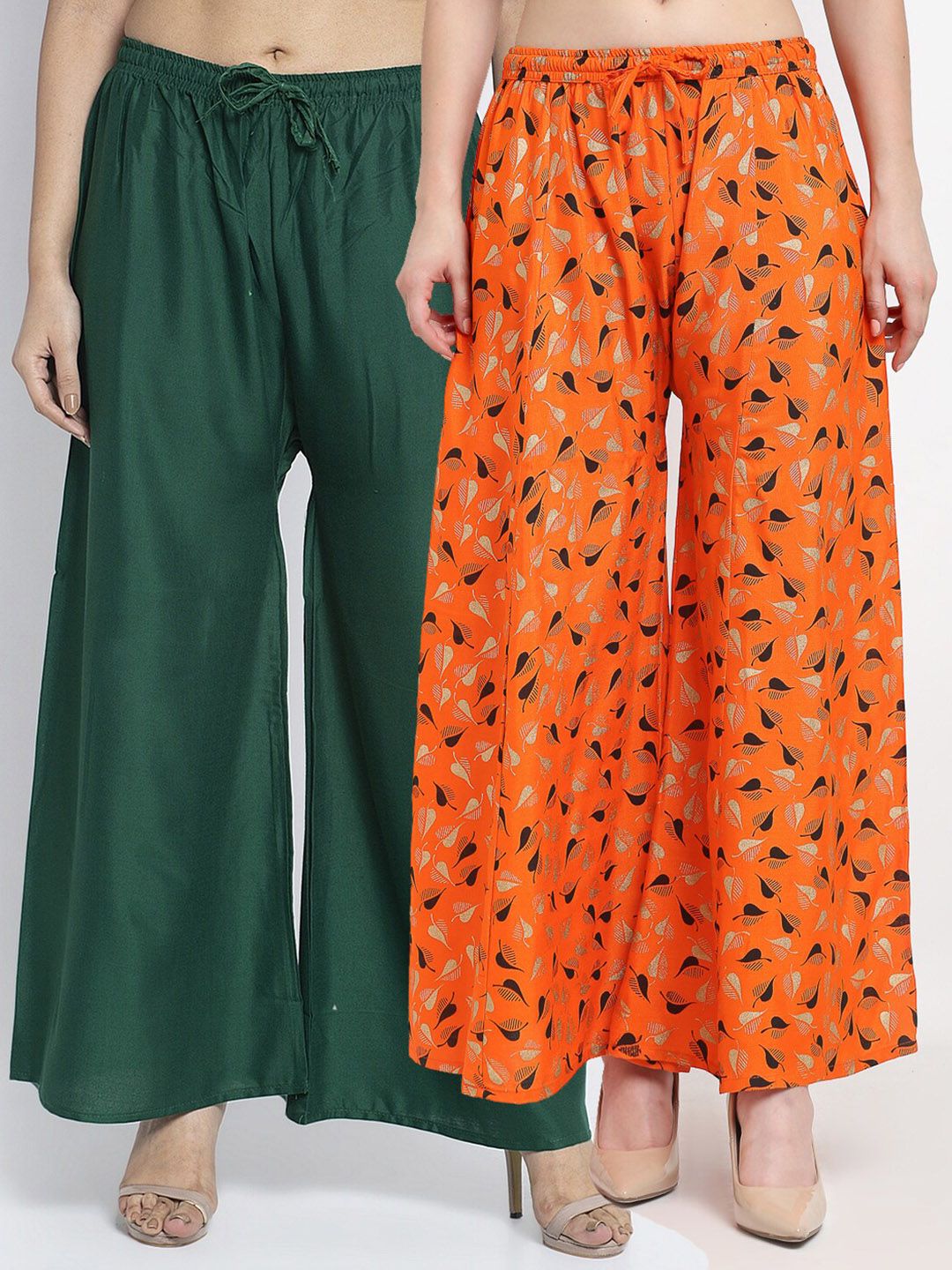 GRACIT Women Green & Orange 2 Printed Flared Knitted Ethnic Palazzos Price in India