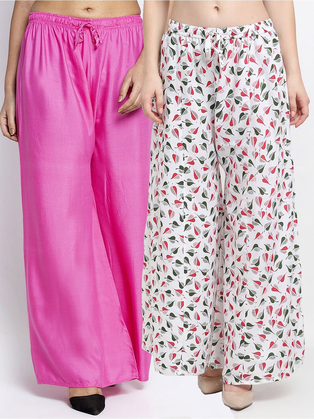 GRACIT Pack of 2 Pink & White Floral Printed Flared Knitted Ethnic Palazzos Price in India