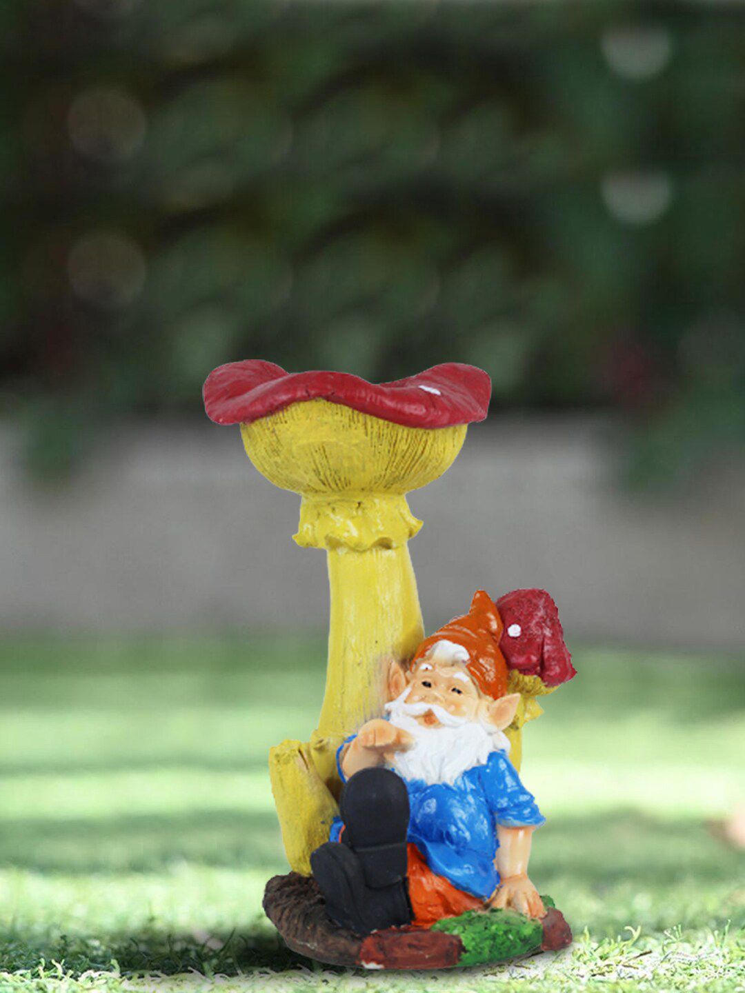 Wonderland Blue & Orange Sitting Gnome With Mushroom Garden Accessory Price in India
