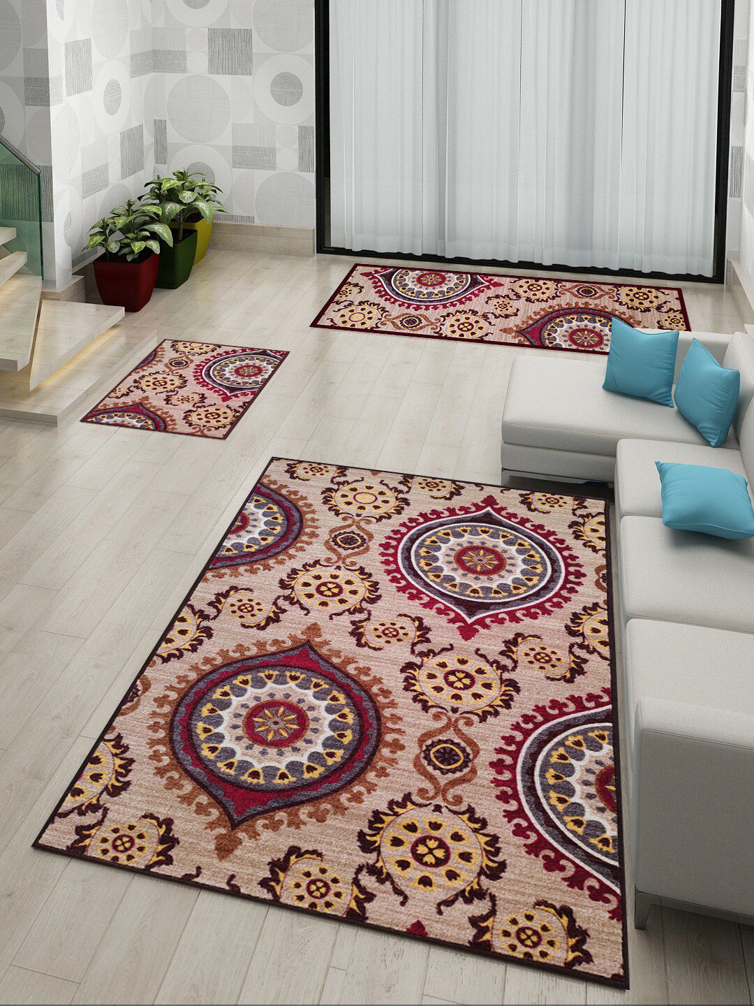 Athom Trendz Maroon & Beige Set of 3 Ethnic Motifs Anti Slip Doormat, Runner & Carpet Price in India