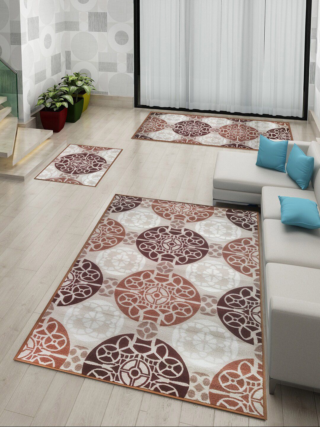 Athom Trendz Set Of 3 Beige & Brown Printed Anti-Skid Doormat Runner & Carpet Set Price in India