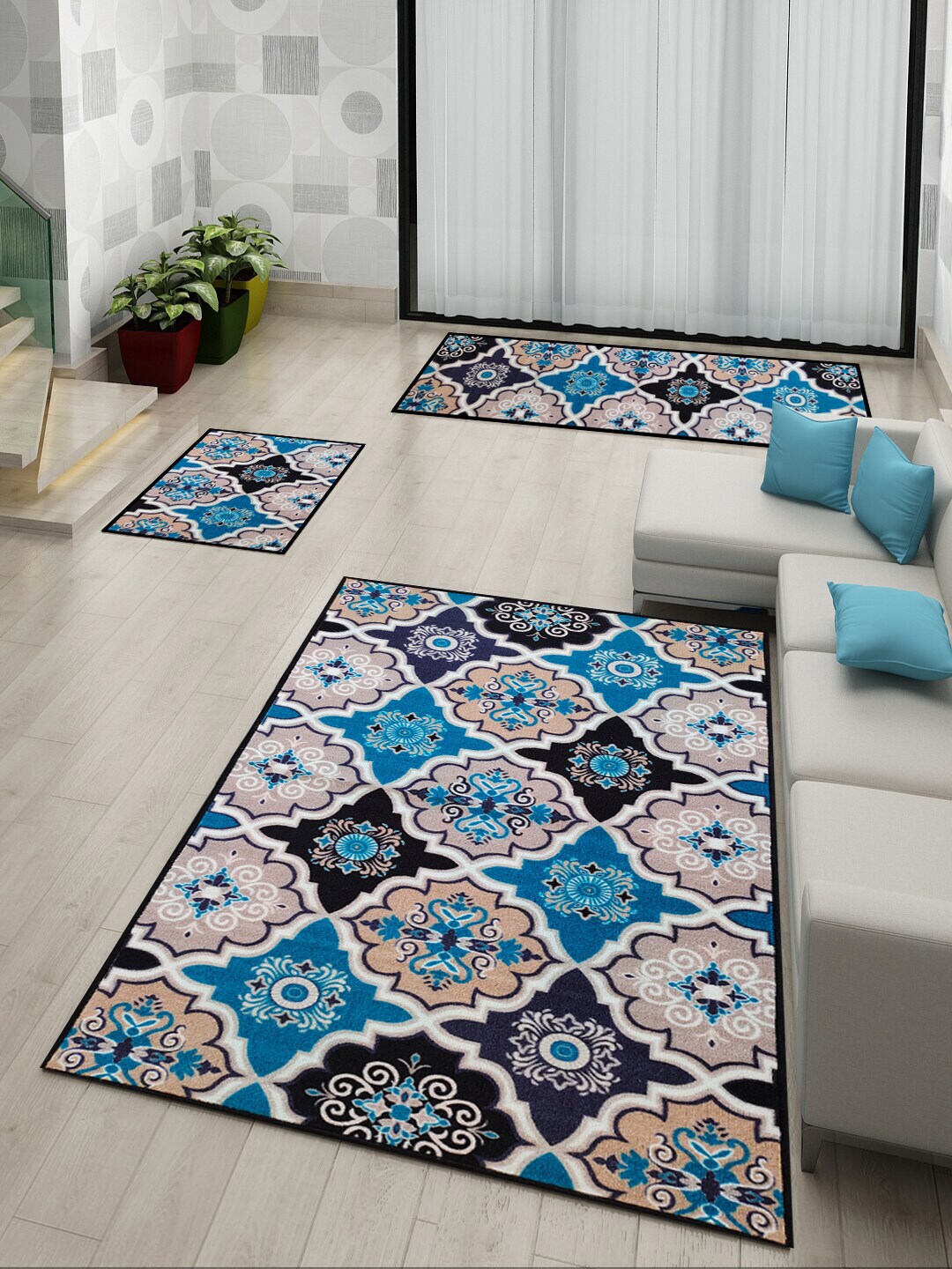 Athom Trendz Set of 3 Blue & Multicoloured Printed Anti Skid Carpet Set Price in India