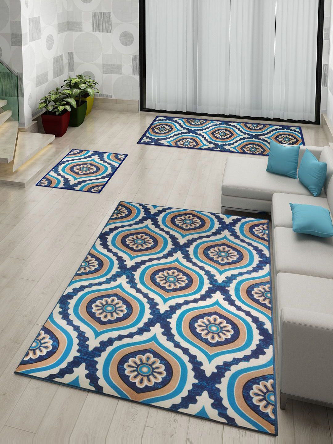 Athom Trendz Set of 3 Blue & Brown Ikat Printed Anti-Skid Doormat With Runner & Carpet Price in India