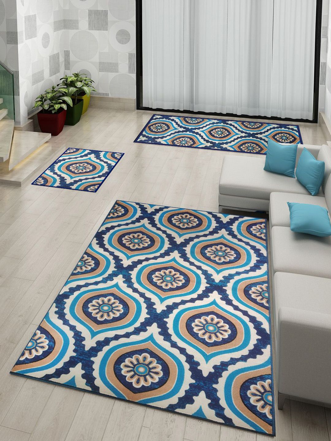 Athom Trendz Blue & Multicoloured Printed Set of 3 Anti-Skid Carpet Set Price in India