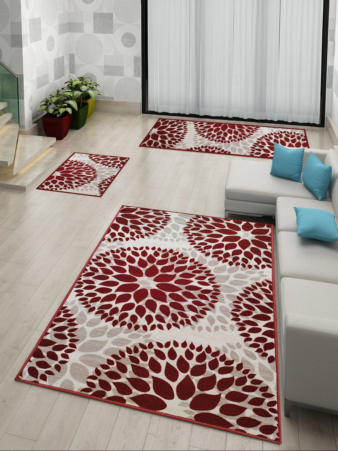Athom Trendz White & Red Premium Anti Slip Printed Doormat With Runner & Carpet Set Price in India