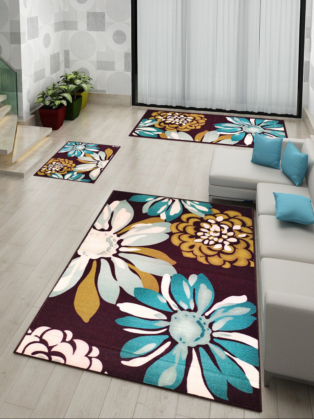 Athom Trendz Floral Printed Canvas Premium Anti Slip Printed Doormat, Runner & Carpet Set Price in India