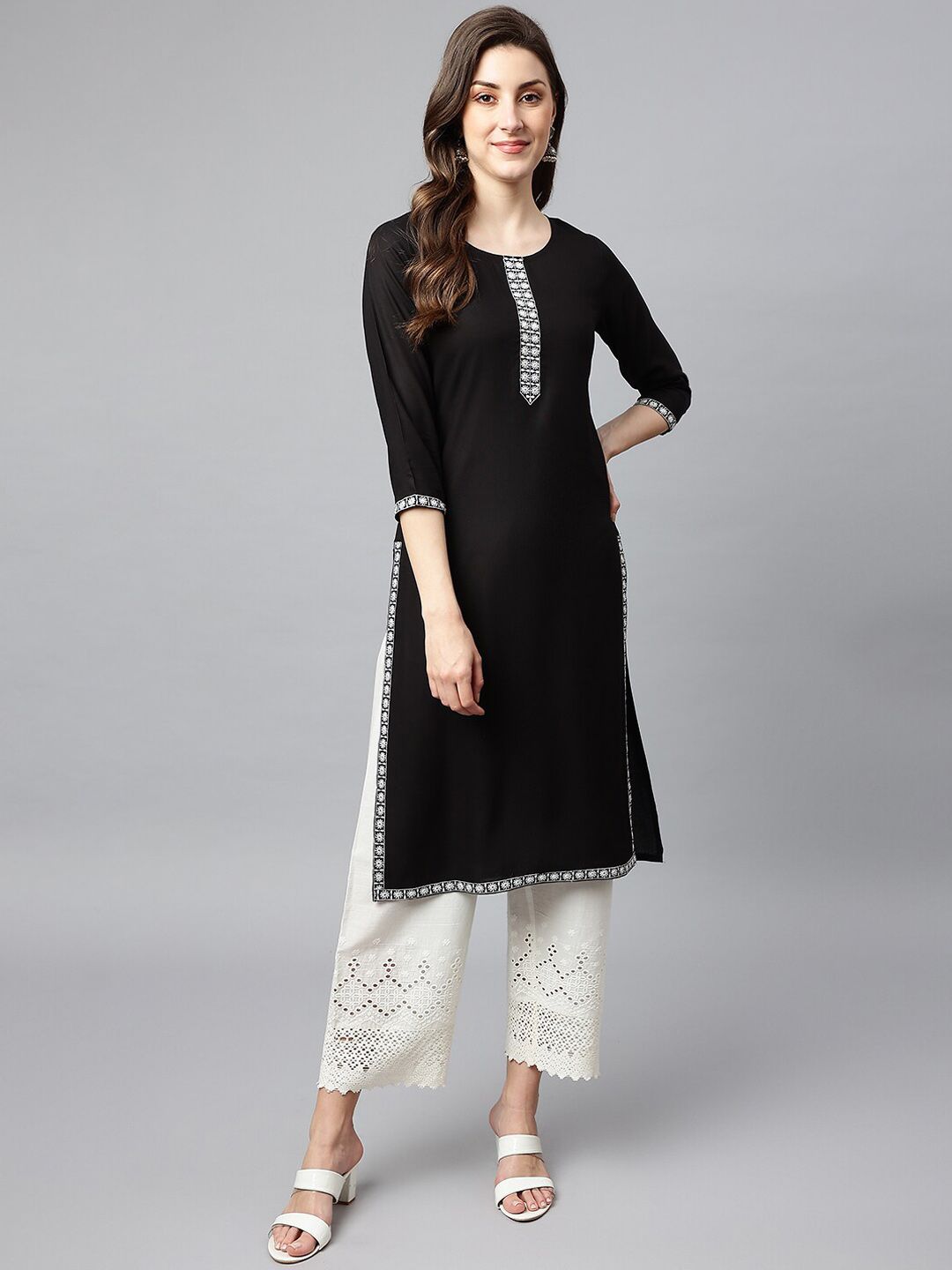 SHINOY Women Black Yoke Design Embroidered Kurta Price in India