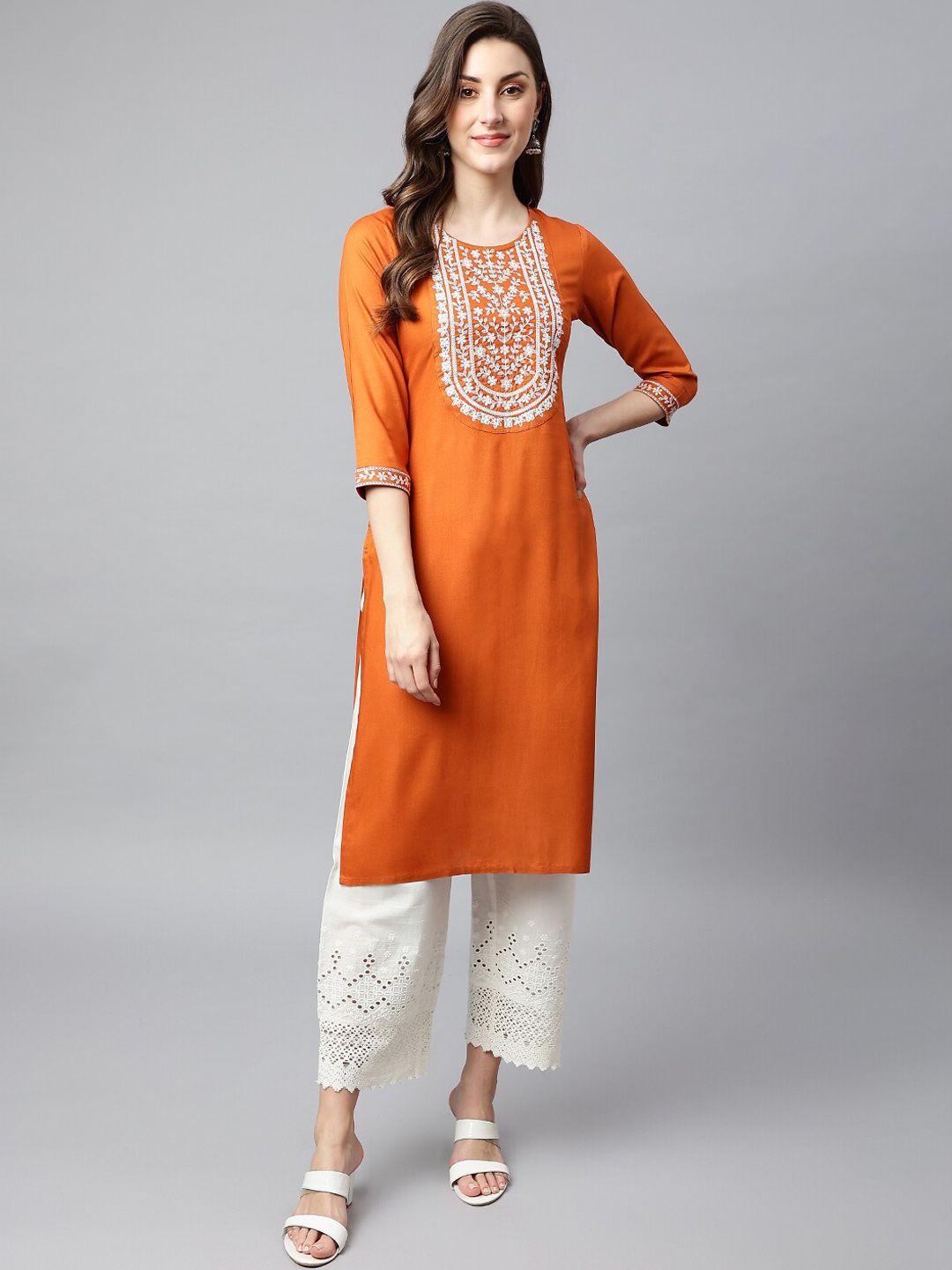 SHINOY Women Orange Embroidered Yoke Design Thread Work Kurta Price in India