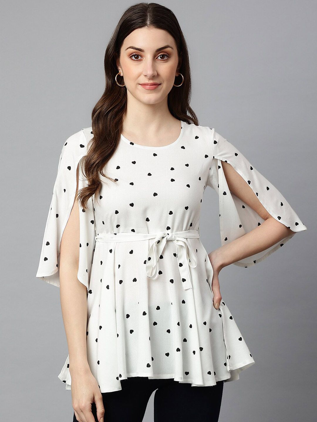 SHINOY Women White Printed Liva Cinched Waist Top