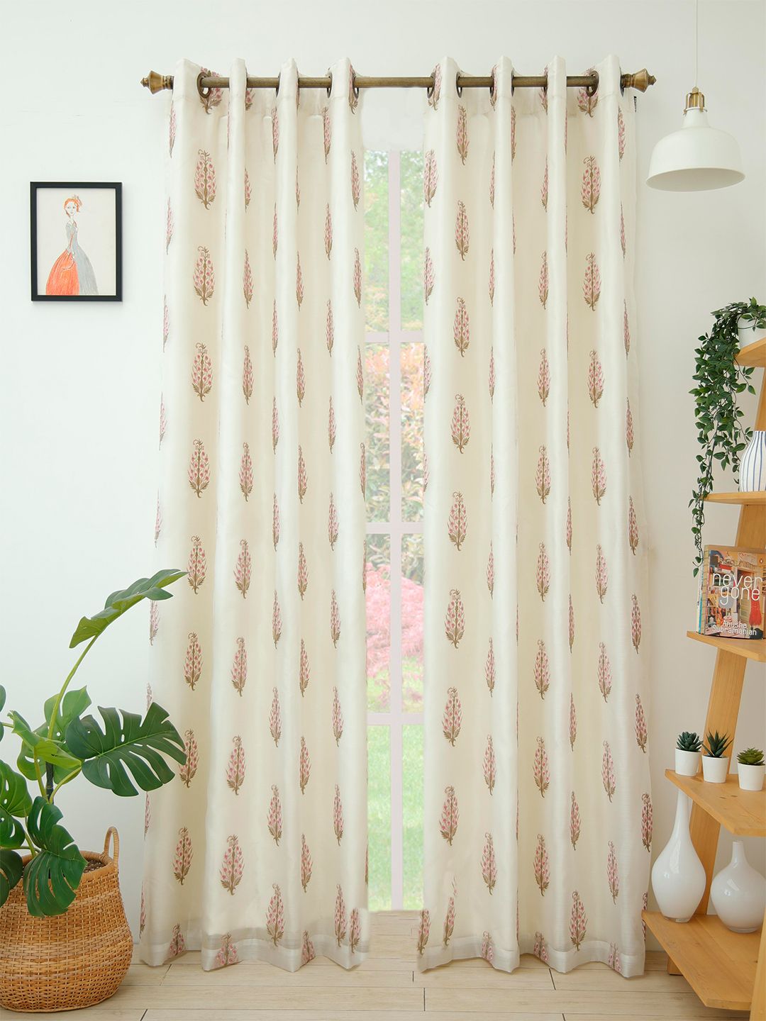 Ariana Pink & Green Set of 2 Embroidered Room Darkening Door Curtain Price in India
