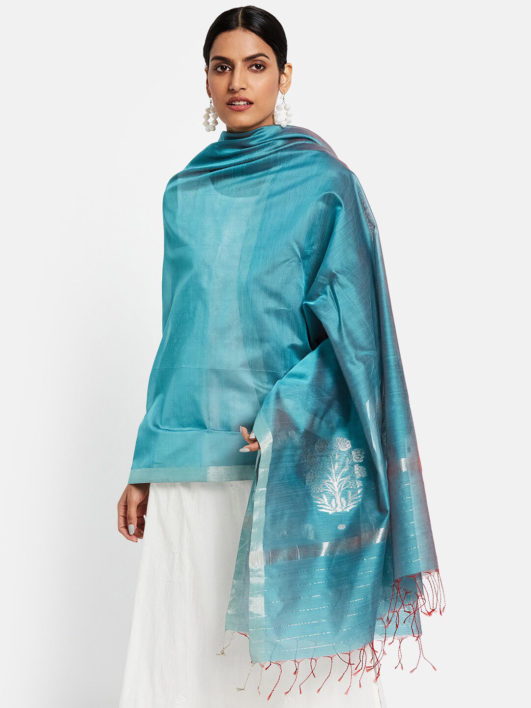 Fabindia Blue & Silver-Toned Woven Design Cotton Silk Dupatta
