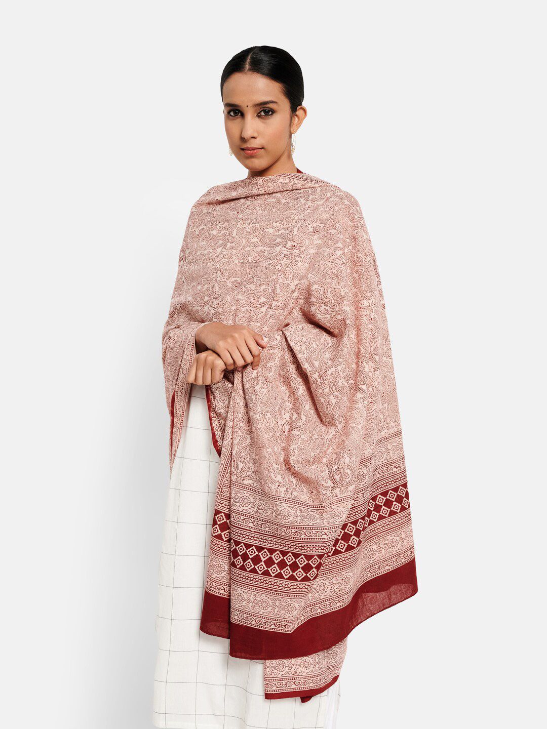 Fabindia Red & Beige Paisley Printed Pure Cotton Dupatta