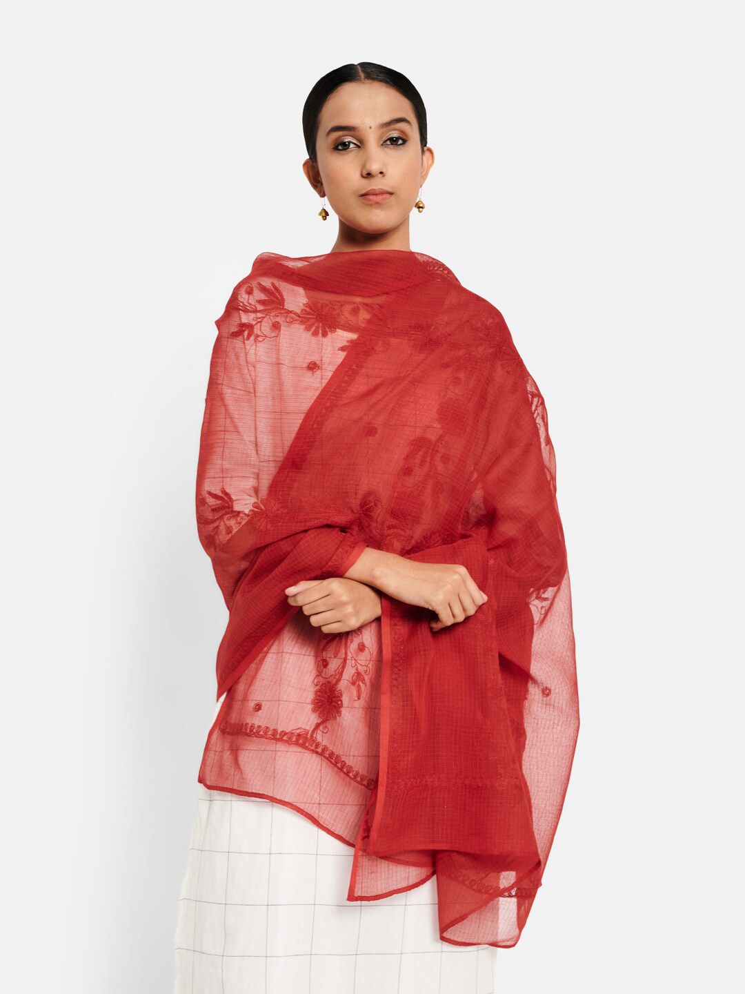 Fabindia Red Embroidered Cotton Silk Chikankari Dupatta