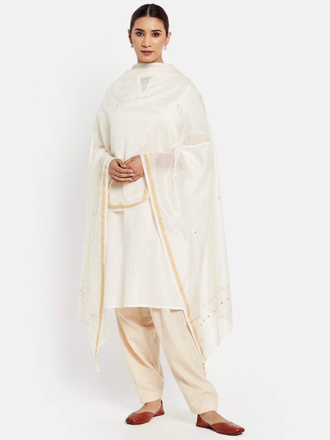 Fabindia White & Golden Embroidered Cotton Silk Dupatta