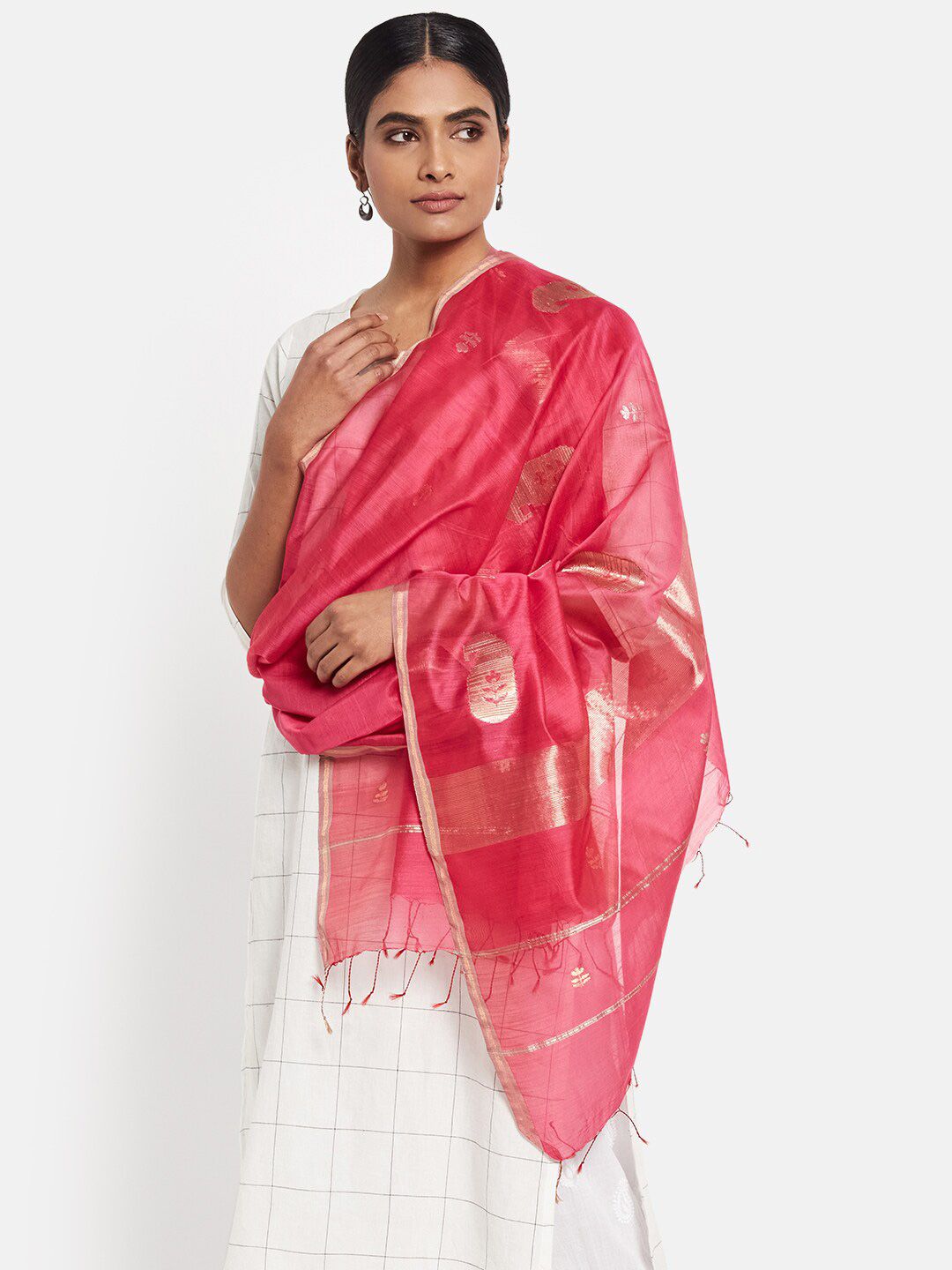 Fabindia Magenta & Gold-Toned Woven Design Cotton Silk Dupatta