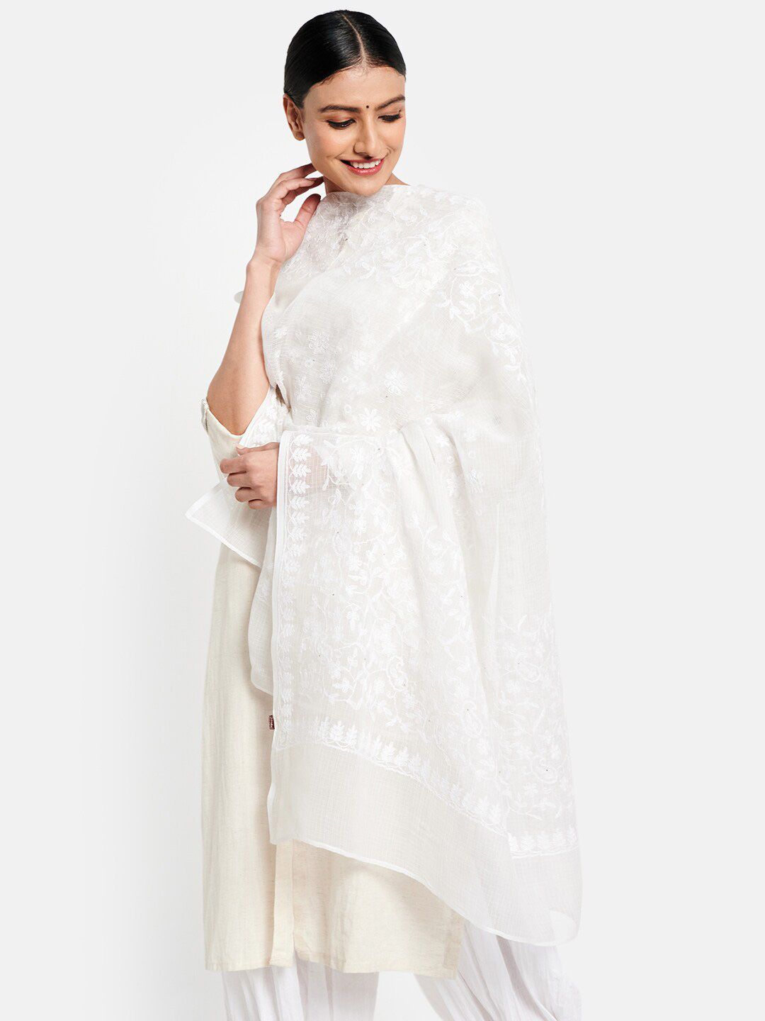 Fabindia Off White Chikankari Embroidered Cotton Silk Dupatta
