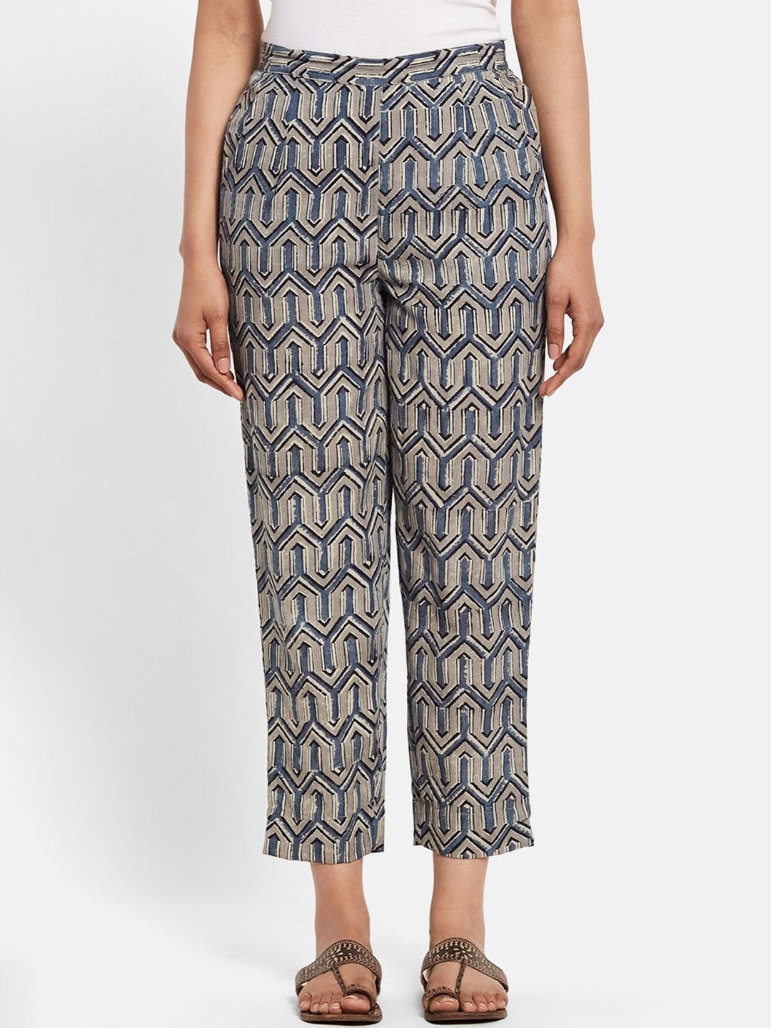 Fabindia Women Grey Block Printed Regular Trousers Price in India