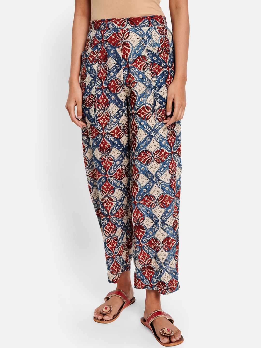 Fabindia Women Red & Blue Floral Printed Regular Fit Trousers Price in India
