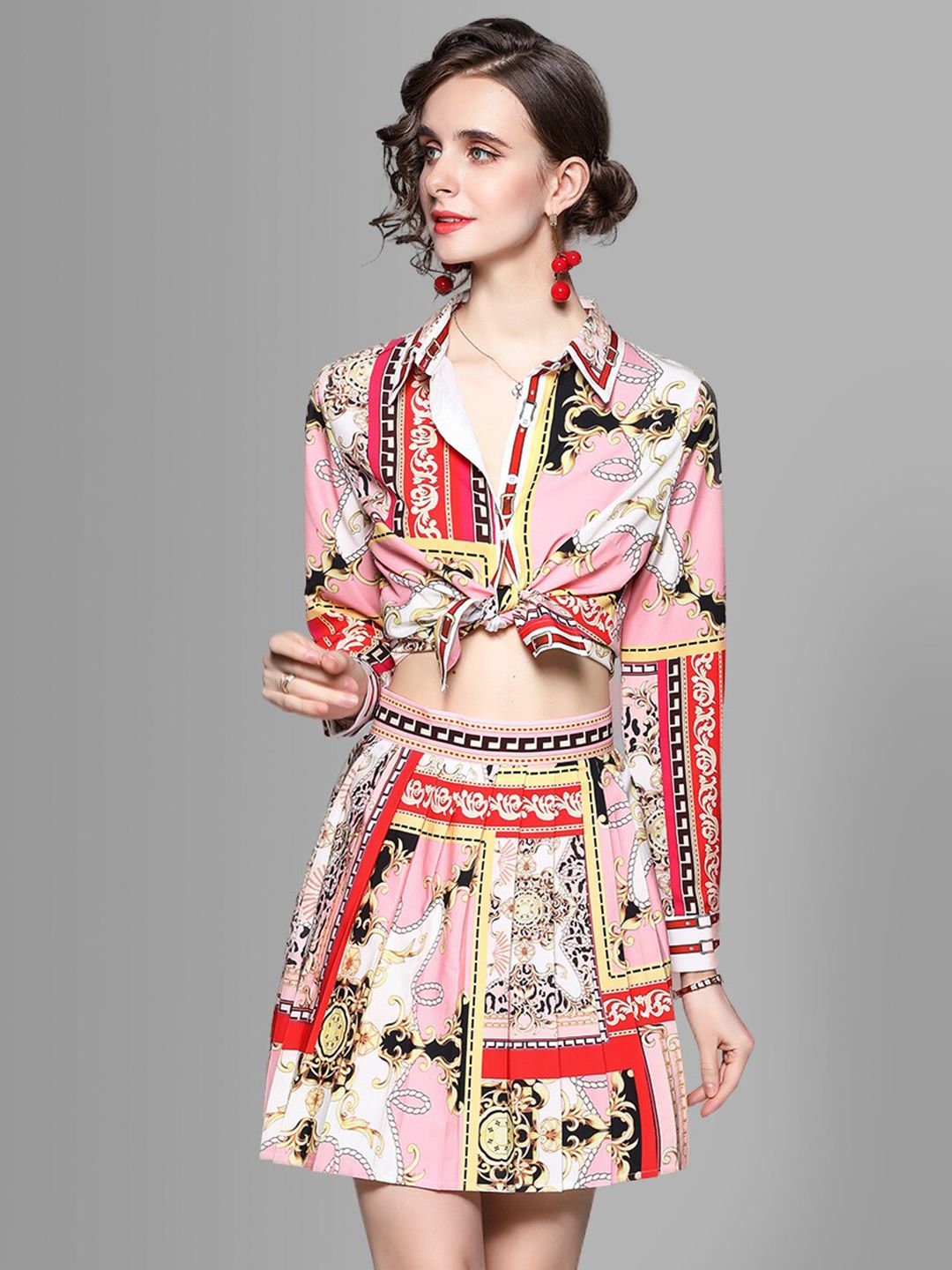 JC Collection Women Red & White Printed Shirt with Skirt Co-Ords Set