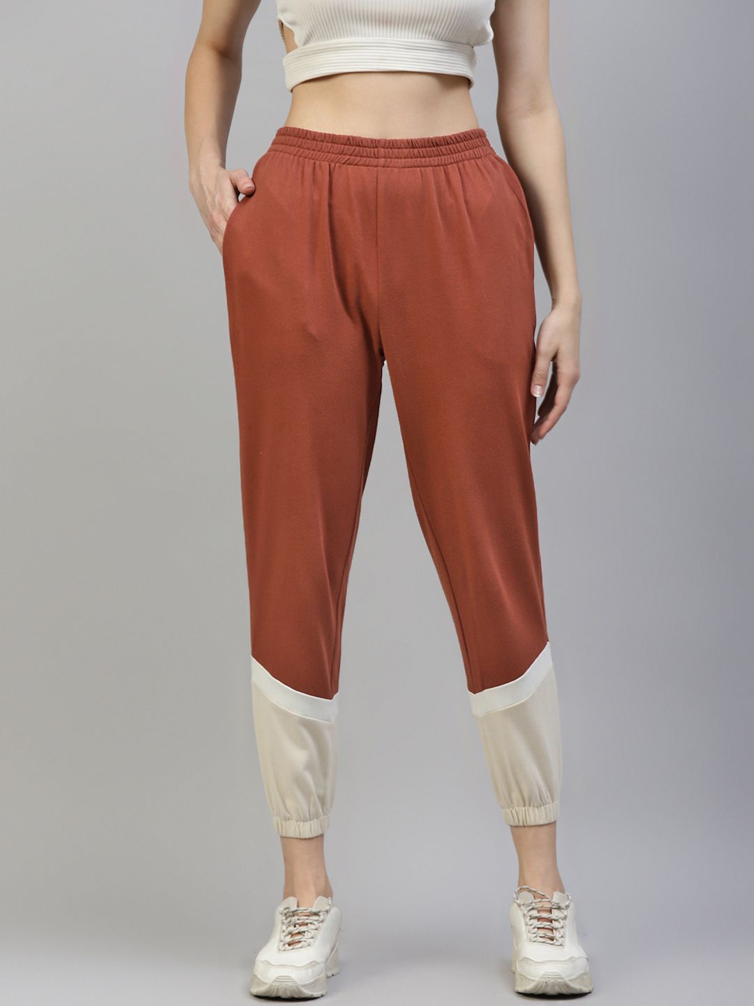 Laabha Women Brown & Cream-Coloured Colourblocked Solid Regular Fit Jogger Price in India