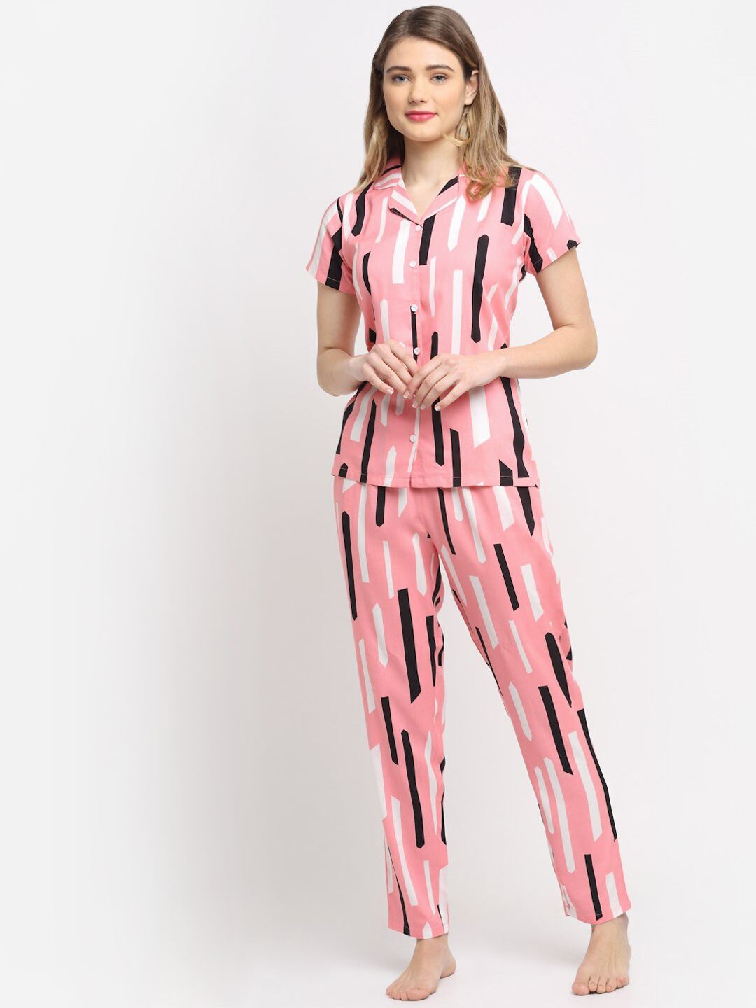 Claura Women Pink & Black Geometric Printed Cotton Night Suit Price in India