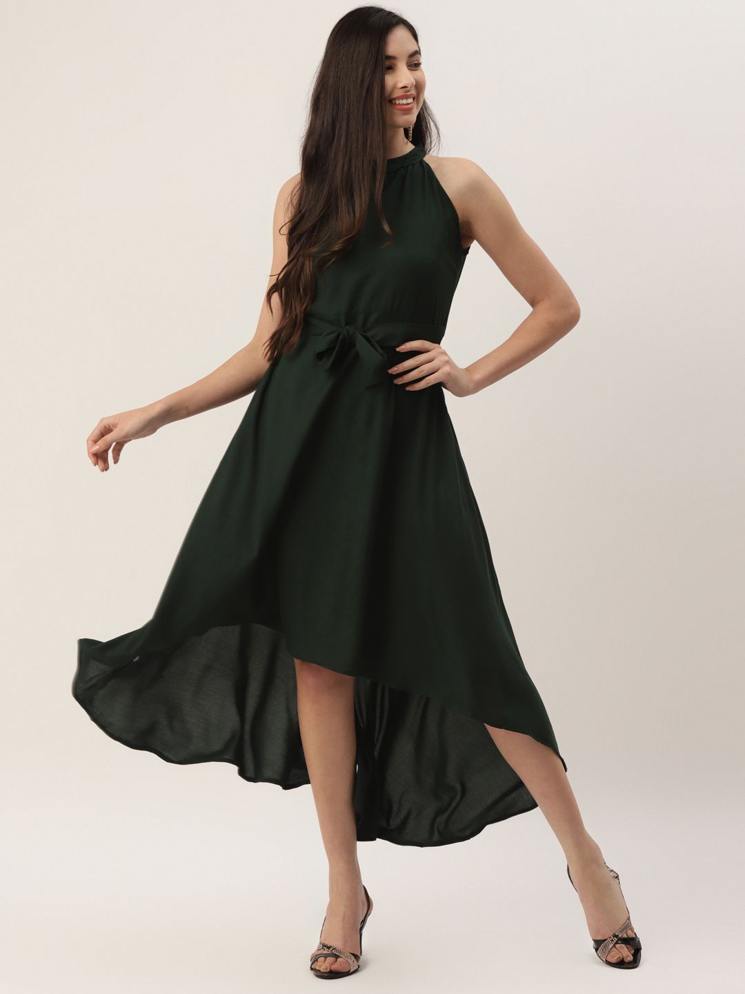 VAABA Green Solid High-Low Fit & Flare Dress Price in India